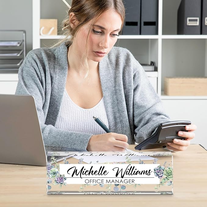 Personalized Name Plate for Desk, Custom Desk Name Plate, Acrylic Name Plate Office Desk Accessories, Personalized Office Gifts for Coworkers Teachers, Employee Appreciation Gifts (A-Never Wither)