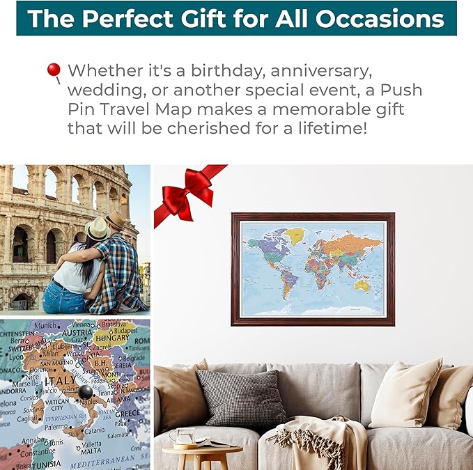Canvas - Personalized Blue Oceans World Push Pin Travel Map with Solid Wood Cherry Red Frame