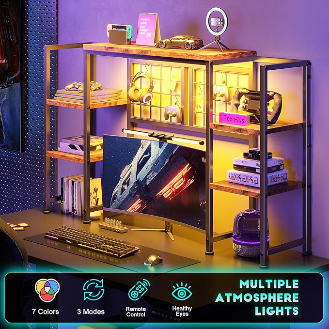 REIBII Desk Shelf with LED Light Strip,Adjustable 45.1" Desk Hutch Dorm with 5 Tier Display Shelf Rack,Desktop Bookshelf with Grid Panel & Hooks for Home, Office and Dorm, Rustic Brown