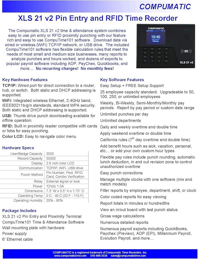 COMPUMATIC XLS 21 v2 PIN Entry Time Clock System, WiFi, CompuTime101 Software Included, 0 NO Monthly Fees