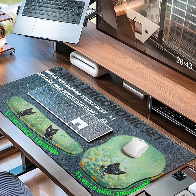 2-in-1 Ergonomic Set, Wave Keyboard Wrist Rest and Massage Slope Mouse Pad Wrist Support, Rebound Memory Foam for Relieve Carpal Tunnel Syndrome and Wrist Pain (Oil Painting Cats)