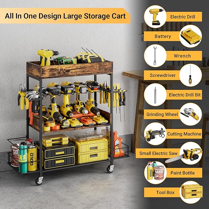 Dunatou Power Tool Organizer Cart Heavy Duty 4 Tier Rolling Tool Cart Garage Storage with Drill Rack Shelf Open Tool Chest Organizer with Wheels Workshop and Garage Ideas for Men or Dad (Rustic Brown)
