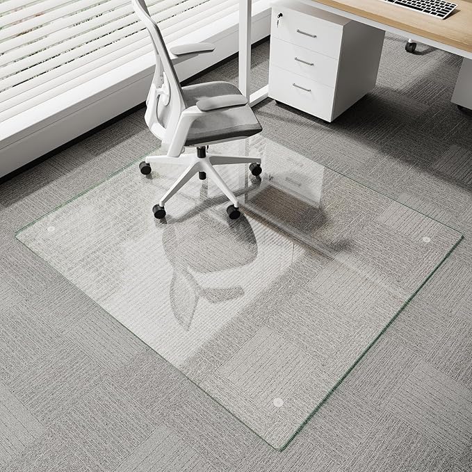 Koonmi Chair Mat for Carpet, Tempered Glass 42"x48" Office Chair Mat, Glass Floor Mat Protector with Rounded and Polished Edges,Ideal for Hardwood Floor, Carpet, Office, Desk, Rolling Chair