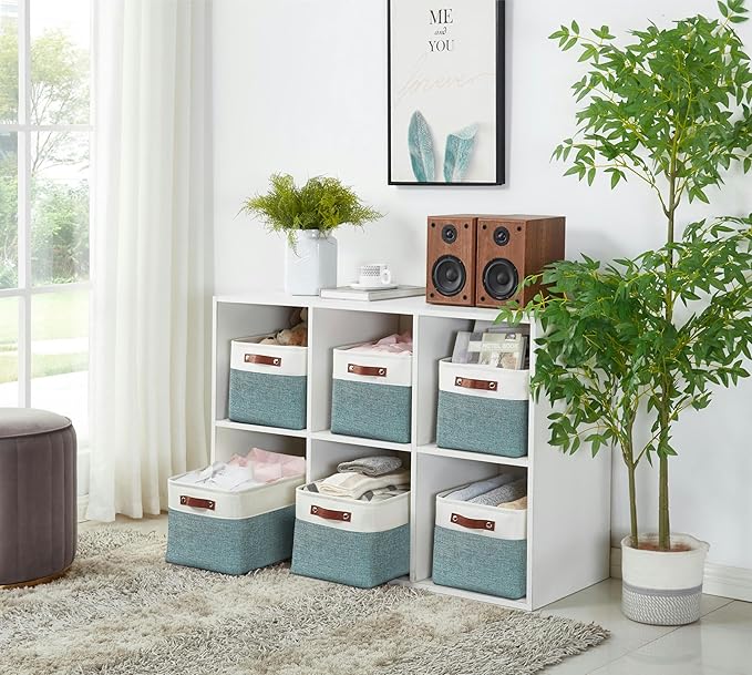 DECOMOMO Storage Baskets for Shelves - Fabric Storage Bins, Linen Closet Organizers and Storage (Green & White, Large - 3 Pack)