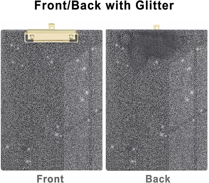 Glitter Acrylic Clipboard Decorative Standard A4 Letter Size 12.2" x 8.7", Fashion Bling Clip Boards with Designed Low Profile Gold Clip for Classroom Office - Black
