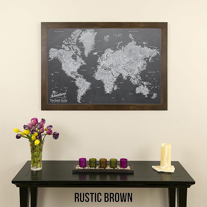 Push Pin Travel Maps Canvas - Personalized Stormy Dreams World with Rustic Brown Frame