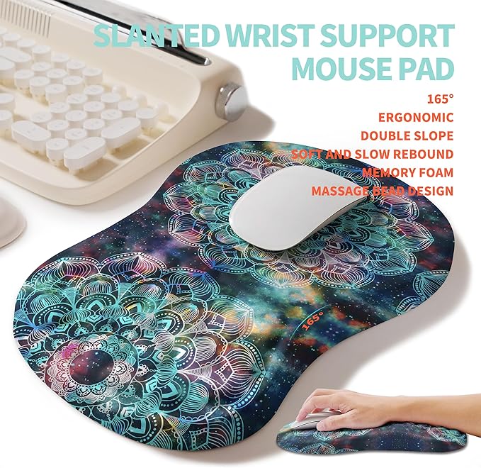 2-in-1 Ergonomic Set, Wave Rise Keyboard Wrist Rest and Massage Bulge Slope Mouse Pad Wrist Support, Cushion Memory Foam Integrated to Relieve Wrist Pain, Galaxy Mandala