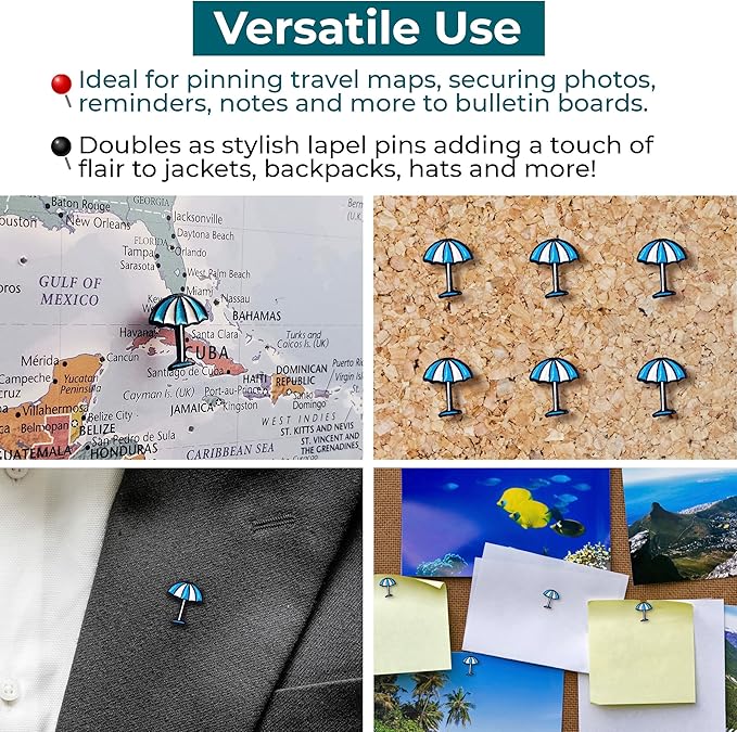 Beach Umbrella Push Pins - Beach Umbrella Map Pins - for Cork Board, Maps, or Lapel Pin Use - Designed in USA - Set of 20