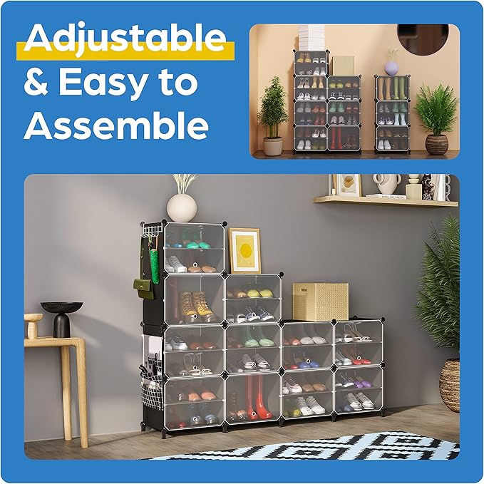 Shoe Organizer Cabinet Up to 48 Pairs, Shoe Closet-Covered Shoe Rack with See-Through Door (Clear, Plastic, Stackable) Cubby Portable Shoe Organizer with Covers, Hooks & Pockets, Black