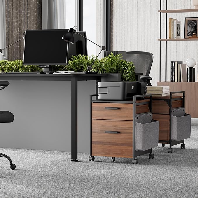 EUREKA ERGONOMIC 2-Drawer Mobile File Cabinet with Wheels, Solid Wood Rolling Storage Cabinet for Home Office, Space-Saving Under Desk Organization with Printer Stand, Walnut
