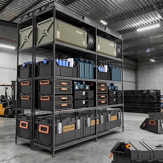 5 Tiers Storage Shelves Load 1500LBS, Metal Shelving Wire Metal Shelving Unit Shelves for Storage Adjustable Garage Shelving for Pantry Kitchen Garage Black 15.8" D x 33.5" W x 70.5" H