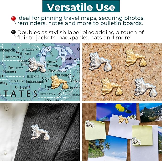 Stork Carrying Baby Map Pins - Gold Stork Pins for Cork Boards, Maps, or Lapel Use - Designed in USA - Set of 4