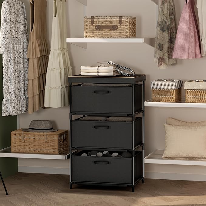 Dresser with 3 Fabric Drawer Stand Desktop Sturdy Metal Plastic Support Tube Cube Storage Cabinet for Bedroom Organization Dorm Front Hall Entryway