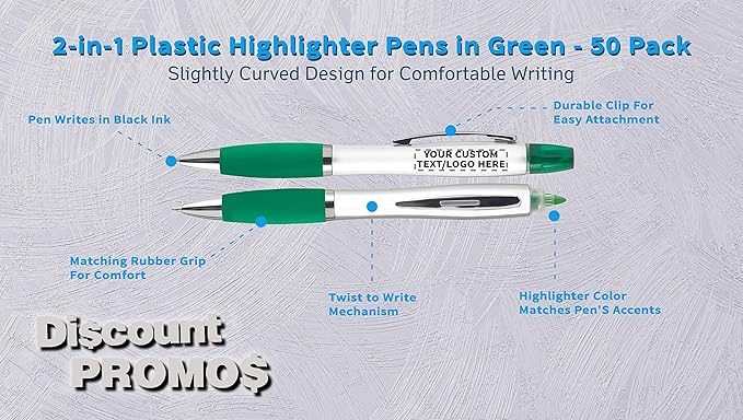 DISCOUNT PROMOS Personalized Plastic Highlighter Pens - 50 pack - Customizable Text, Logo - Green