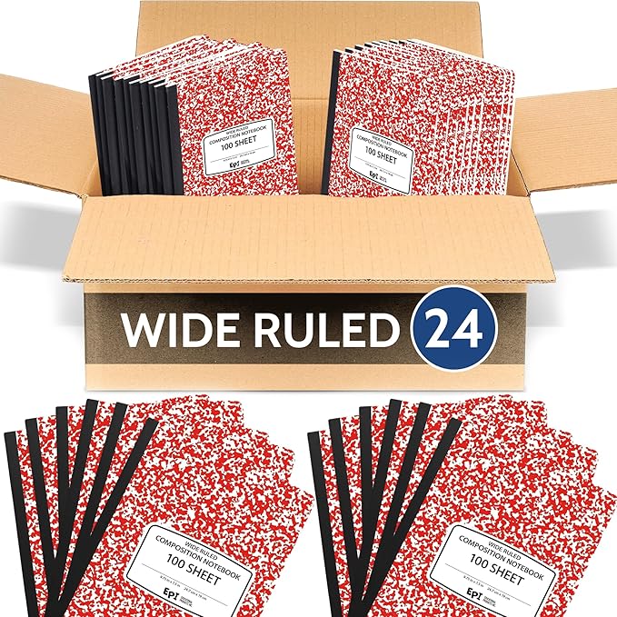 EPI 24 Pack - Red Marble Composition Notebook - Wide Ruled 200 Page Note Book - 9.75 x 7.5 Inch Hardcover Journal with Sewn Binding for Secure Pages - Classroom Back To School Supplies