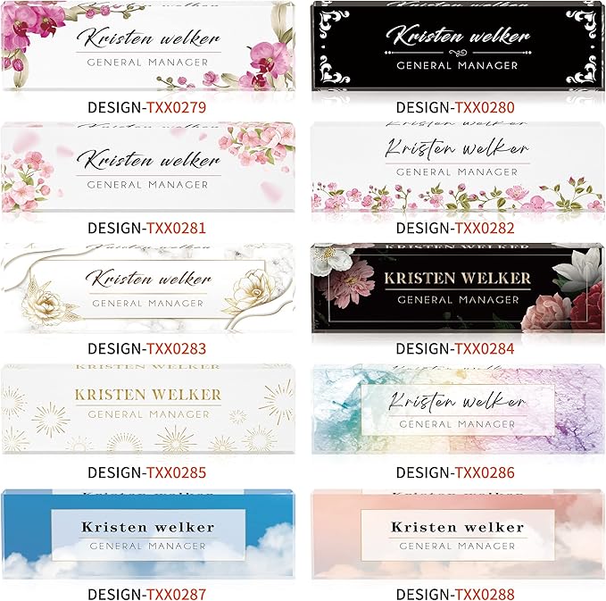 Desk Name Plate Personalized, Custom Name Plates for Desks, Office Desk Decor, Flowers Style Clear Acrylic Glass Block, Personalized Office Gifts for Women Men Boss Teachers Coworker Appreciation Gift