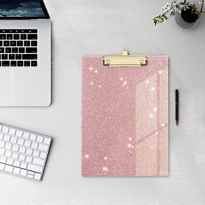 Glitter Acrylic Clipboard Decorative Standard A4 Letter Size 12.2" x 8.7", Fashion Bling Clip Boards with Designed Low Profile Gold Clip for Classroom Office - Rose Gold
