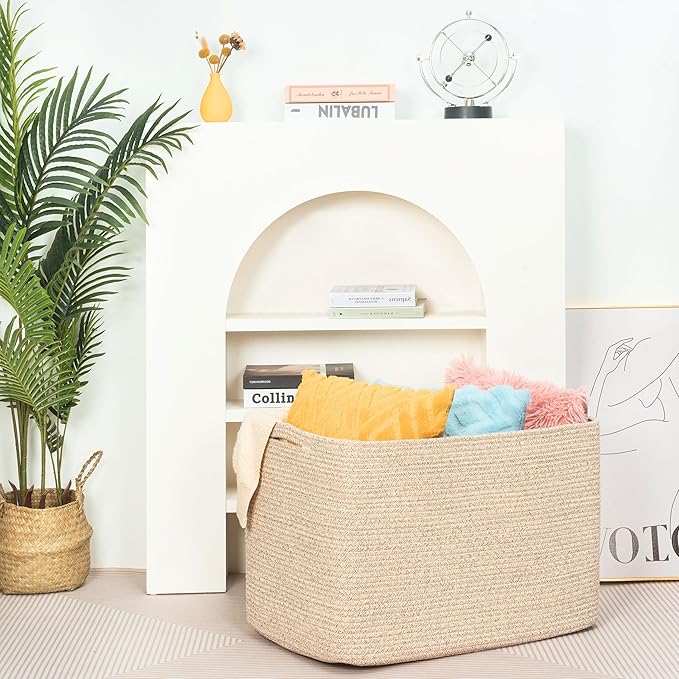 MINTWOOD Design 112L Extra Large Blanket Basket Holder Living Room, 25"x17"x16" Rectangle Rope Woven Storage Basket with Handles for Laundry, Towels, Shoes, Dog Toy Organizer Bin Box, Oatmeal Brown