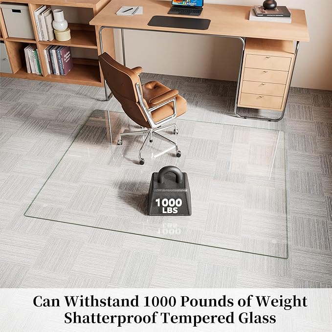 FlyEcho Glass Chair Mat 50" x 65" Heavy Duty Tempered Glass Office Chair Mat, Glass Floor Mat with Round Corner and Polished Edge for Smooth Glide, Carpet Hardwood Floor Protector