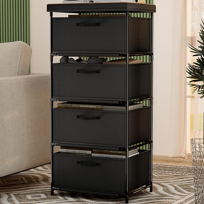Dresser with 4 Fabric Drawer Stand Desktop Sturdy Metal Plastic Support Tube Cube Storage Cabinet for Bedroom Organization Dorm Front Hall Entryway