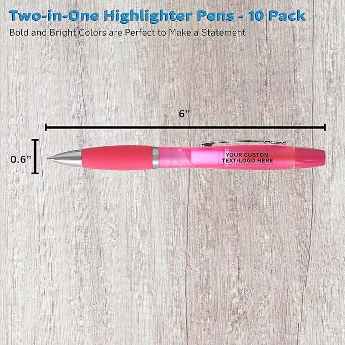 DISCOUNT PROMOS Personalized Two in one Highlighter Pens - 10 pack - Plastic Pens - Customizable Text, Logo - Pink