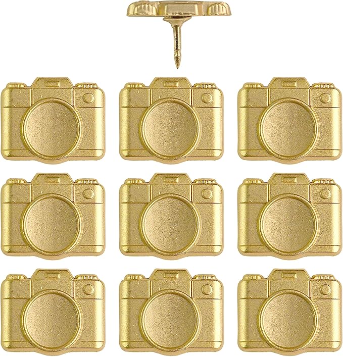 Camera Push Pins - Gold Metal Camera Pins - for Cork Board, Maps, or Lapel Pin Use - Designed in USA - Set of 10