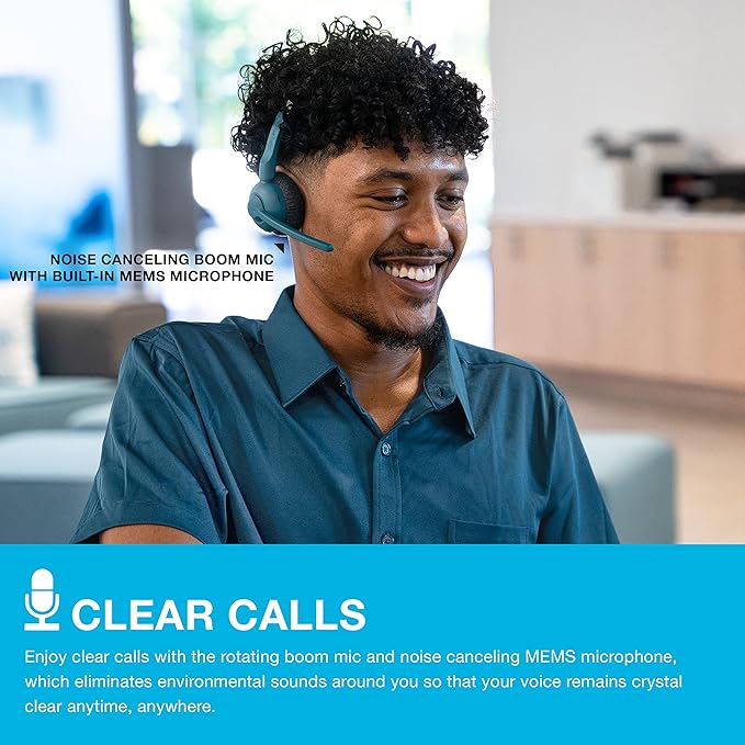 JLab Go Work Pop On-Ear Wireless Headset, Teal, 50+ Hours Playtime, Bluetooth Multipoint, Rotating Boom Mic, Noise Canceling MEMS Microphone, Light-Weight and Portable, for PC/Mac or Mobile