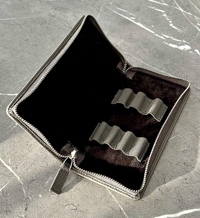 DiLoro Leather Zippered Triple or Quad Pen Case Pencil Pouch Holder for Three or Four Fountain Ballpoint Rollerball Pens or Glasses (Nappa Black)