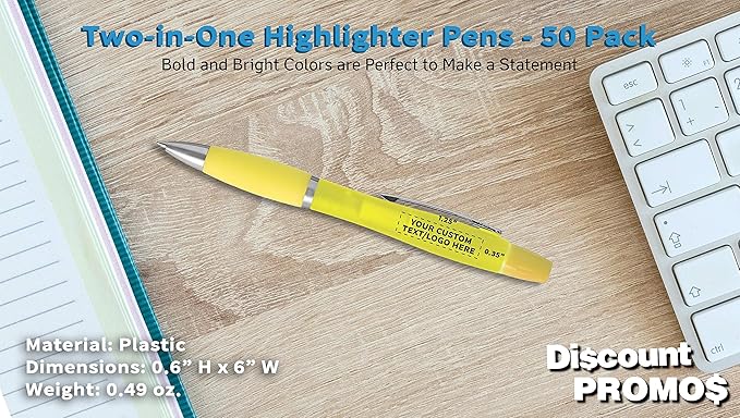 DISCOUNT PROMOS Personalized Two in one Highlighter Pens - 50 pack - Plastic Pens - Customizable Text, Logo - Yellow
