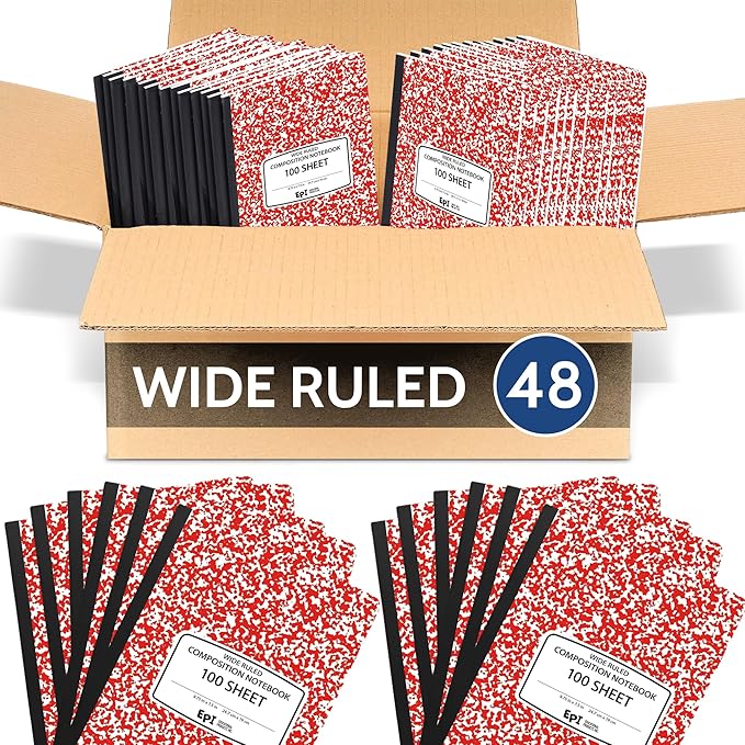 EPI 48 Pack - Red Marble Composition Notebook - Wide Ruled 200 Page Note Book - 9.75 x 7.5 Inch Hardcover Journal with Sewn Binding for Secure Pages - Classroom Back To School Supplies