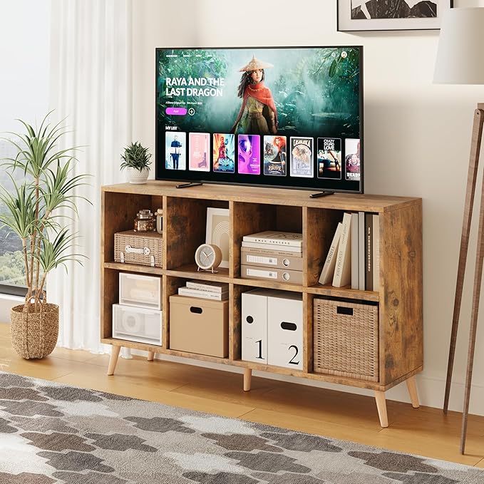 8-Cube Bookshelf 2 Tier Retro Bookcase with Legs, 11in Shelf Opening, 47" Wood Bookshelves Storage Organizer Shelf, Freestanding Open Book Shelves for Bedroom Living Room Office, Rustic Brown
