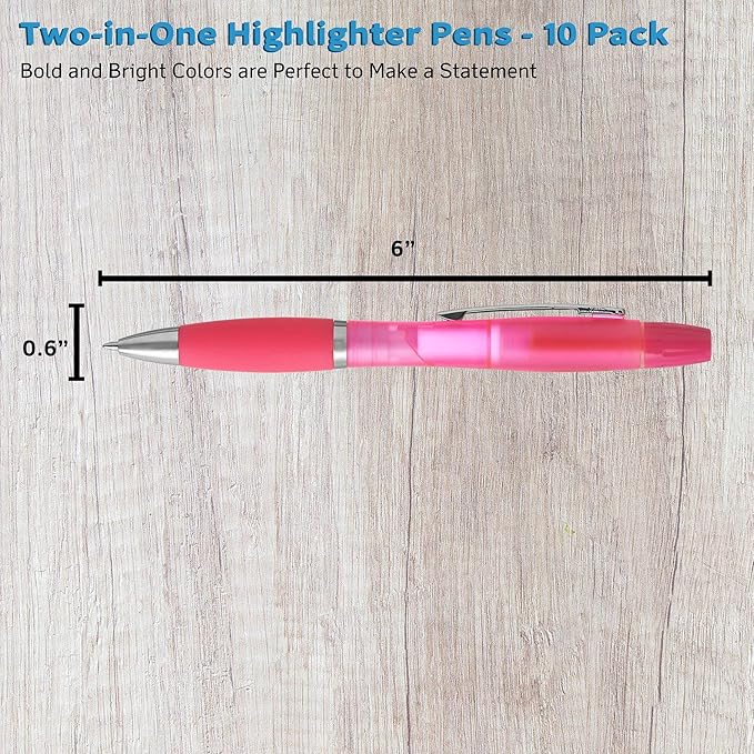 DISCOUNT PROMOS 10 Two in one Highlighter Pens Pack - Ballpoint, Silver Accents - Pink
