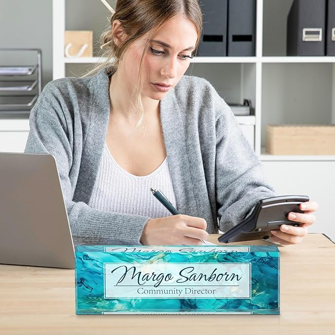 Personalized Name Plate for Desk, Custom Desk Name Plate, Acrylic Name Plate Office Desk Accessories, Personalized Office Gifts for Coworkers Teachers, Employee Appreciation Gifts (Ocean)