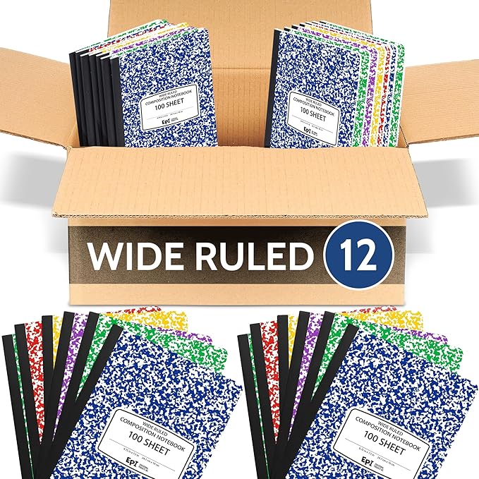 12 Pack - EPI Wide Ruled Composition Notebook Assorted Marble Colors - 200 Pages (100 Sheets), 9-3/4 x 7-½ - Classroom Back to School Supplies, Heavy Duty, Durable Hardcover Office Notebooks, Sewn