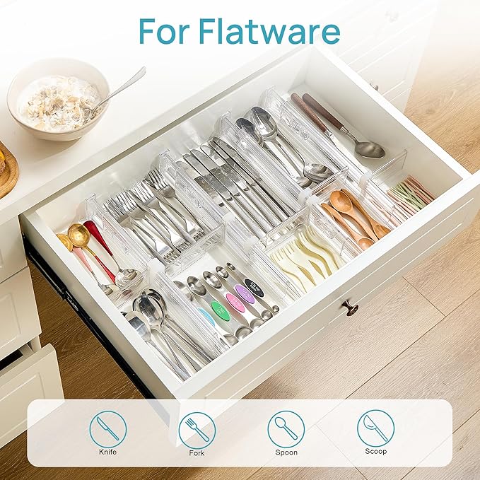 Vtopmart 2.36” Drawer Dividers with Expandable Inserts, 12.8"-22.3" Adjustable Kitchen Drawer Organizer, Clear Plastic Organizer Separator for Flatware, Utensil, Cutlery, 6 Dividers with 10 Inserts