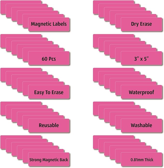 Magnetic Dry Erase Magnets Labels 3x1 inches, Reusable Name Tags, Organizing Schedules in Office/Classroom. Work on Fridge/White Board (Pink 60Pcs)