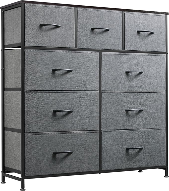 WLIVE 9-Drawer Dresser, Fabric Storage Tower for Bedroom, Hallway, Entryway, Closet, Tall Chest Organizer Unit with Fabric Bins, Steel Frame, Wood Top, Easy Pull Handle, Dark Grey