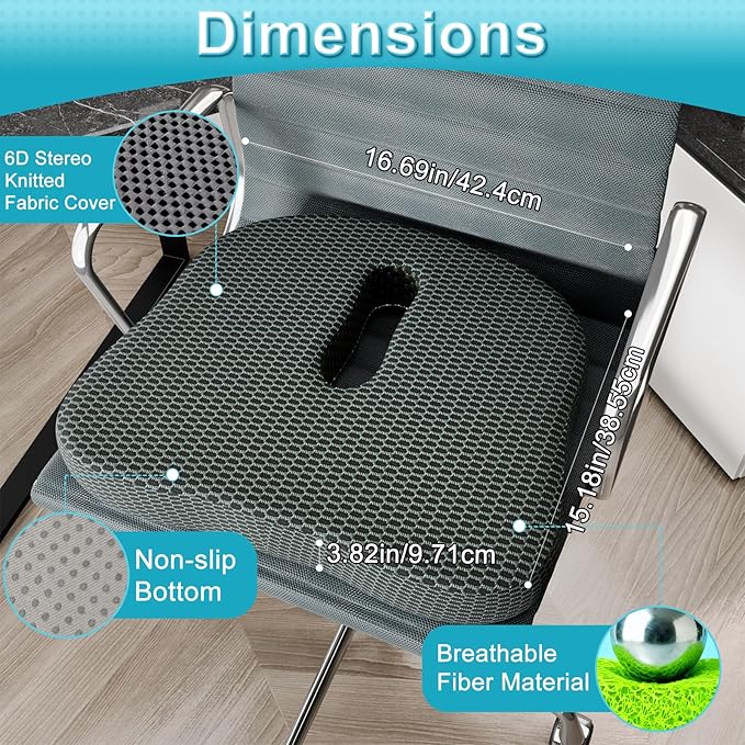 Cut-Out Seat Cushion – TPU Pressure Relief Pad with Center Hole for Tailbone & Hip Support, Breathable & Washable for Office, Car, Wheelchair Use (Gray)