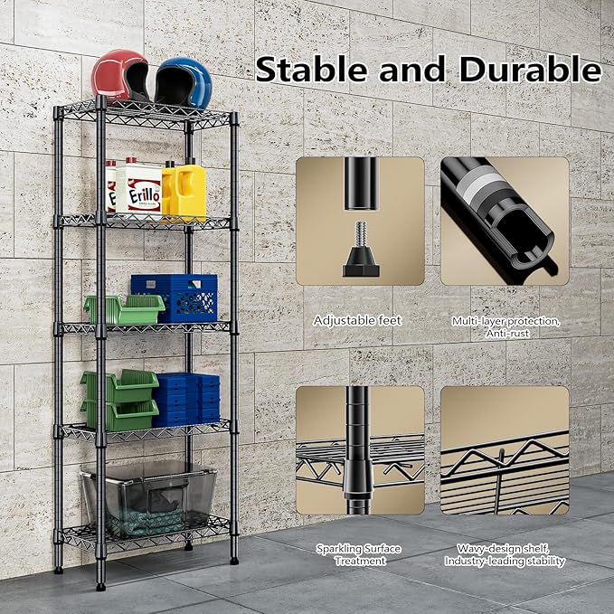 450 lbs Storage Shelves 5 Tier Shelving Units for Storage, Steel Organizer Wire Rack, Adjustable Height, Wire Shelving Unit for Bathroom Kitchen Closet, Black 11.8" D x 21.7" W x 58.3" H