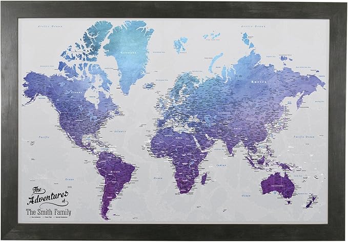 Canvas - Personalized Vibrant Violet World Push Pin Travel Map with Rustic Black Frame