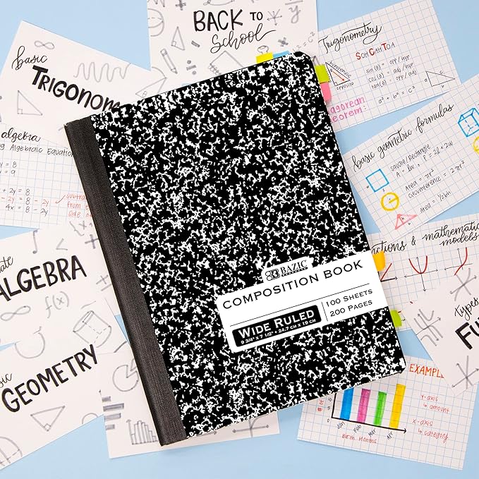 BAZIC Products Composition Notebook Wide Ruled - 100 Sheets, Black Marble Composition Notebook with Durable Cover, Non-Spiral for Journaling, School, Home, or Office, 6-Packs