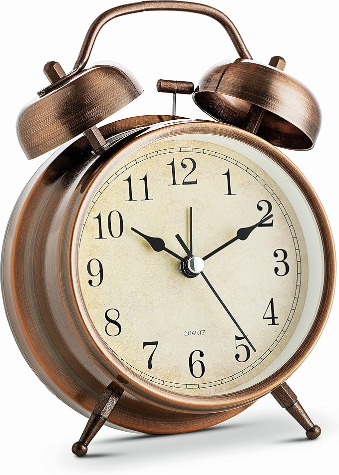 Bernhard Products Analog Alarm Clock Twin Bell Retro Vintage Copper Metal 4" Extra Loud Quartz Battery Operated with Backlight for Bedside Table Silent Non-Ticking Old fashioned Decorative Desk Clocks