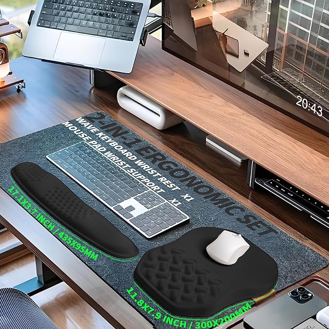 2-in-1 Ergonomic Set, Wave Keyboard Wrist Rest and Massage Slope Mouse Pad Wrist Support, Rebound Memory Foam for Relieve Carpal Tunnel Syndrome and Wrist Pain (Black)