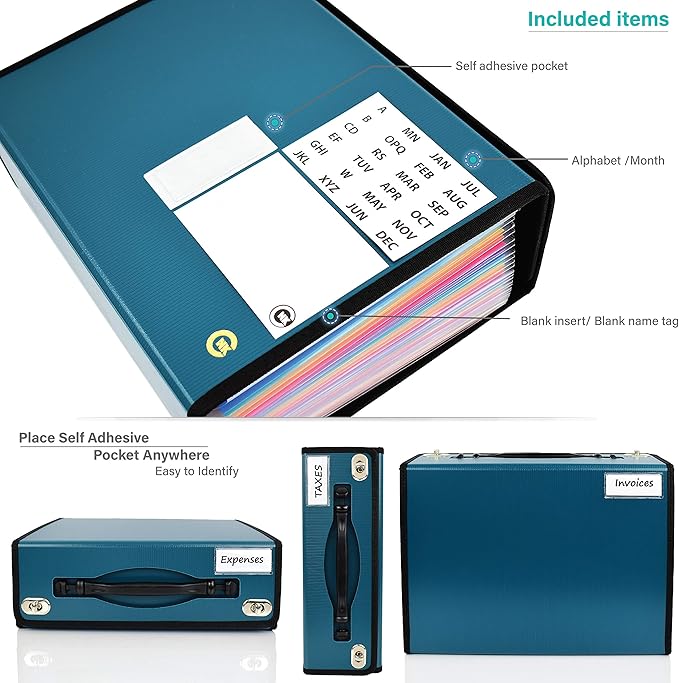 CNK Accordion File Organizer - 36 Pocket Teal Folder with Ergonomic Handle, Double Lock Buckles, Protects Documents, Durable Polypropylene, 8.5 x 11 in
