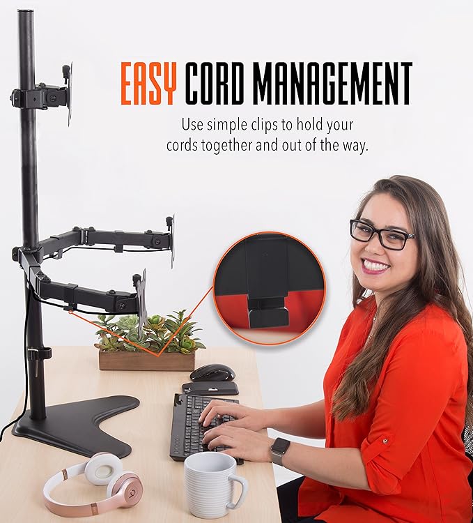 Stand Steady Triple Monitor Desk Stand with Tabletop Base, for Home or Office Use, Height Adjustable Computer Monitor Stand with Full Articulation VESA Mounts, Fits Most LCD/LED Monitors 13-32 Inches