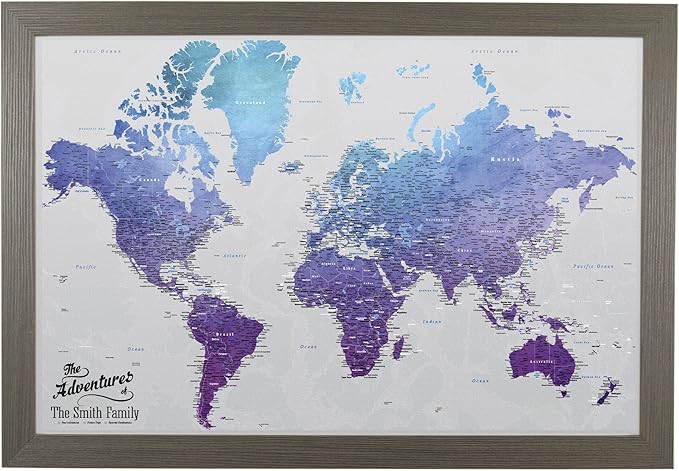 Canvas - Personalized Vibrant Violet World Push Pin Travel Map with Barnwood Gray Frame