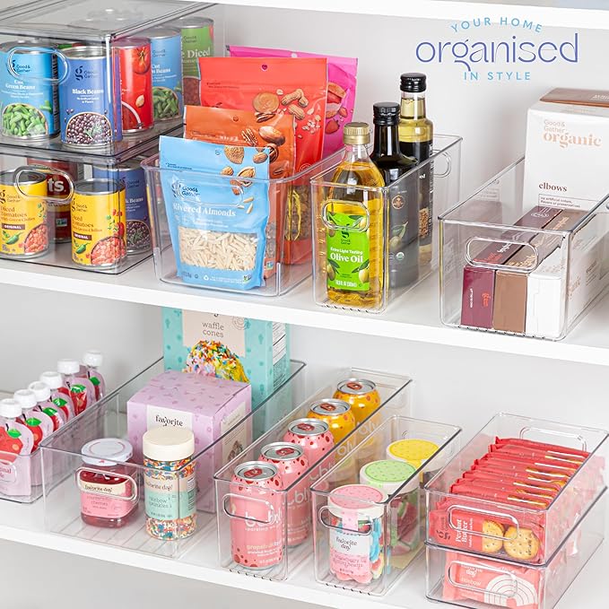 primebox Plastic Food Storage 2 Pack Clear Container Bin with Handles for Organizing Kitchen, Pantry, Refrigerator, Freezer, Pantry, Cabinet, Closet, Bathroom. 16”x8”x5”