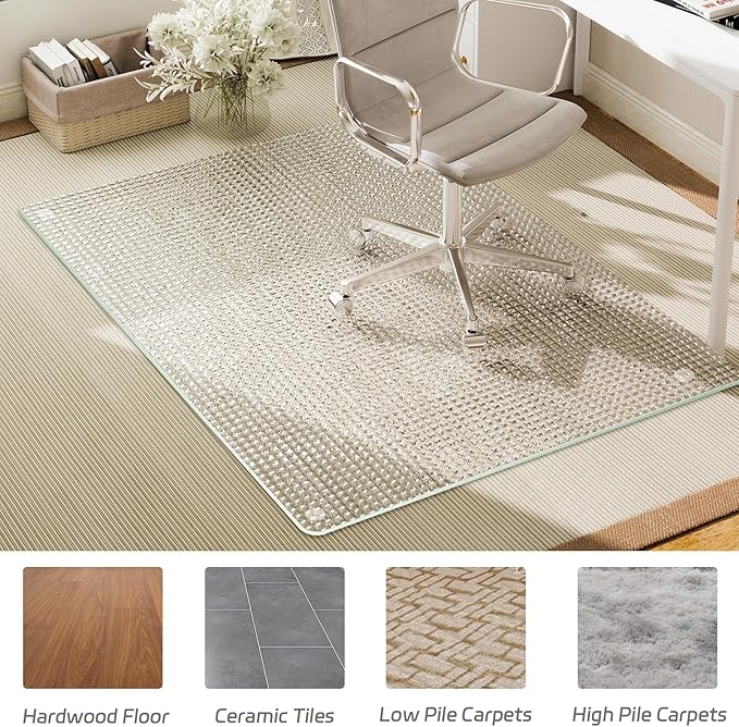 GLSLAND 36"x46" Tempered Glass Chair Mat – Checkered Patterned Heavy Duty Floor Mats Protector for Hardwood Floors & Carpet, Decorative Home and Office Desk