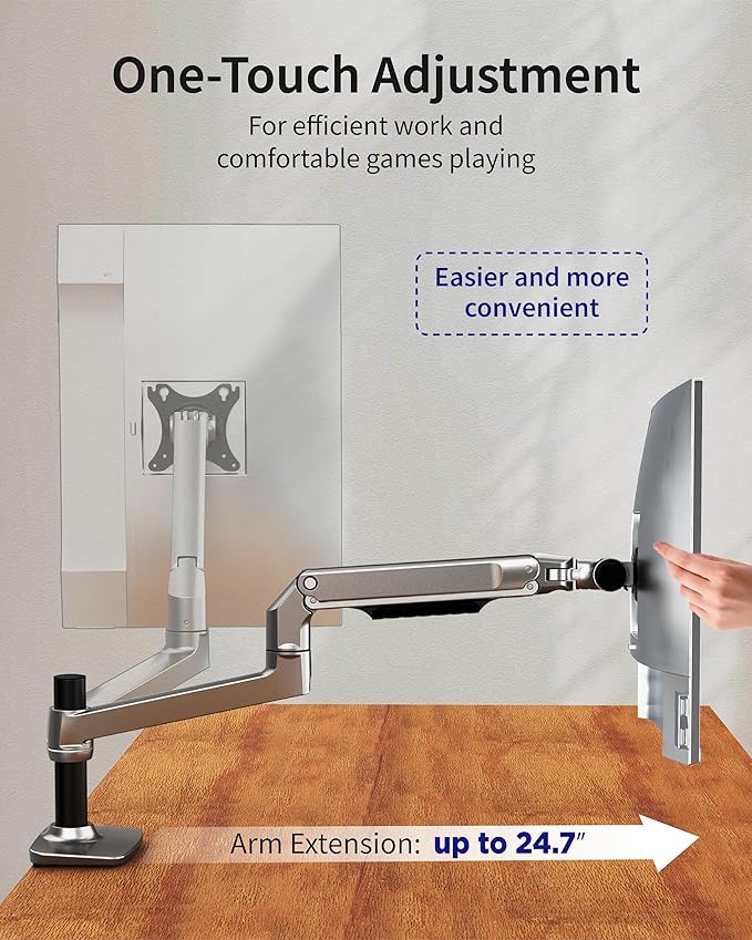 Single Monitor Arm Desk Mount, Holds Screens up to 40 Inches and 25 lbs, Fully Adjustable Vesa Monitor Mount with C-Clamp and Grommet Base, Aluminum, Silver