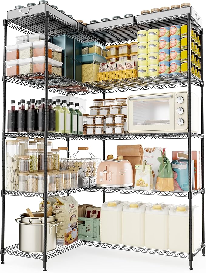 5 Tiers Storage Shelves Load 1500LBS, Metal Shelving Wire Metal Shelving Unit Shelves for Storage Adjustable Garage Shelving for Pantry Kitchen Garage Black 15.8" D x 33.5" W x 70.5" H